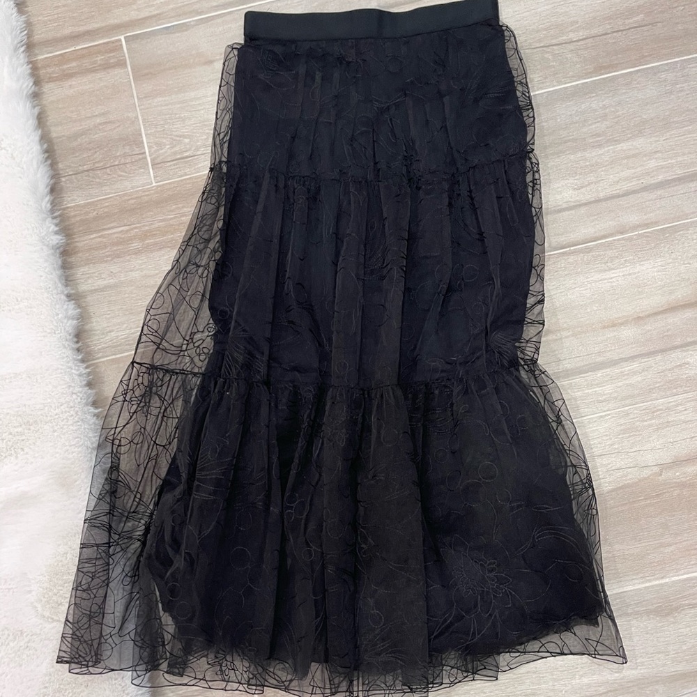 New tags Akris punto black Sashiko Flower Embroidered Tulle Maxi Skirt